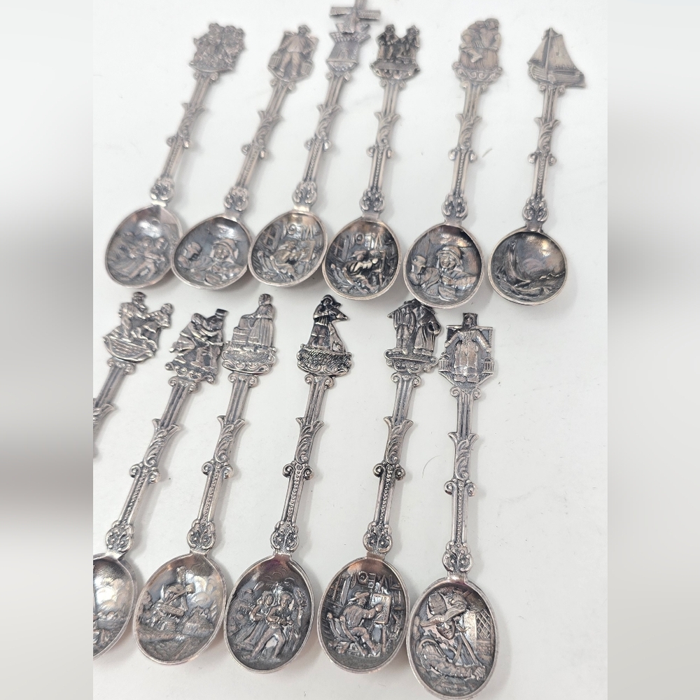 Vtg Holland Dutch demitasse mini spoons stamped novelty ornate figural set of 12 - Picture 5 of 10